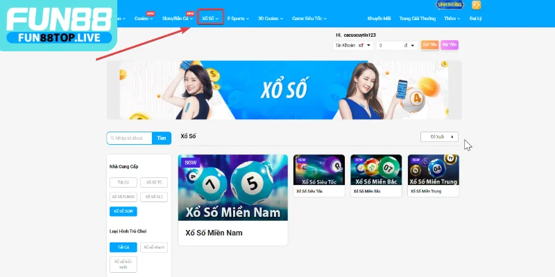 Xổ số trực tuyến Fun88 - Chơi là có thưởng cực đã mỗi ngày 5 Người chơi lựa chọn vào danh mục xổ số trực tuyến trên giao diện